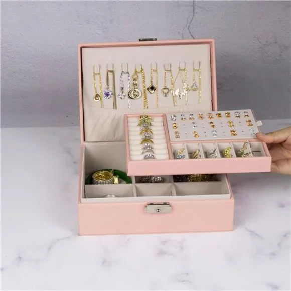 Jewelry Organizer 2 Layer Jewelry Storage Box PU Leather Soft Lining with Lock